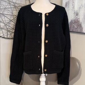 Black Waffle Knit Button Cardigan